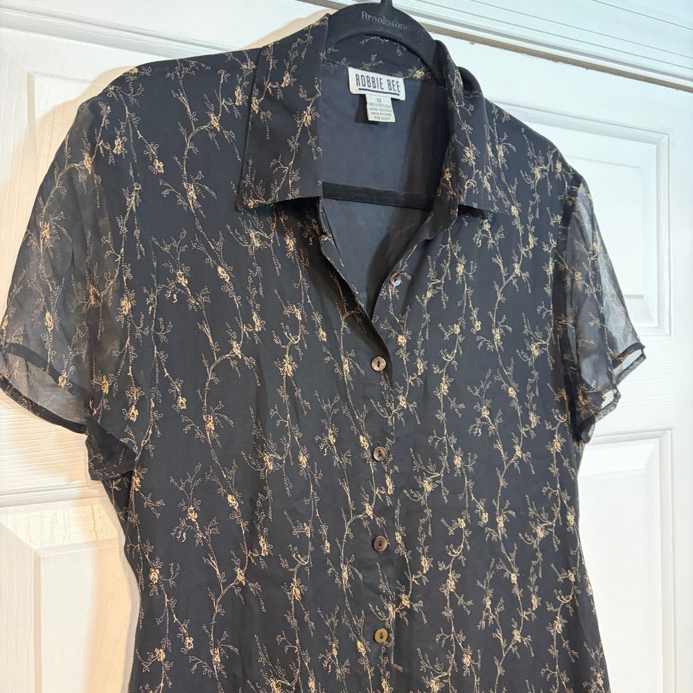 Robbie Bee Vintage 90s Black Floral Silk Button Up Maxi Dress Short Slve 12 L M